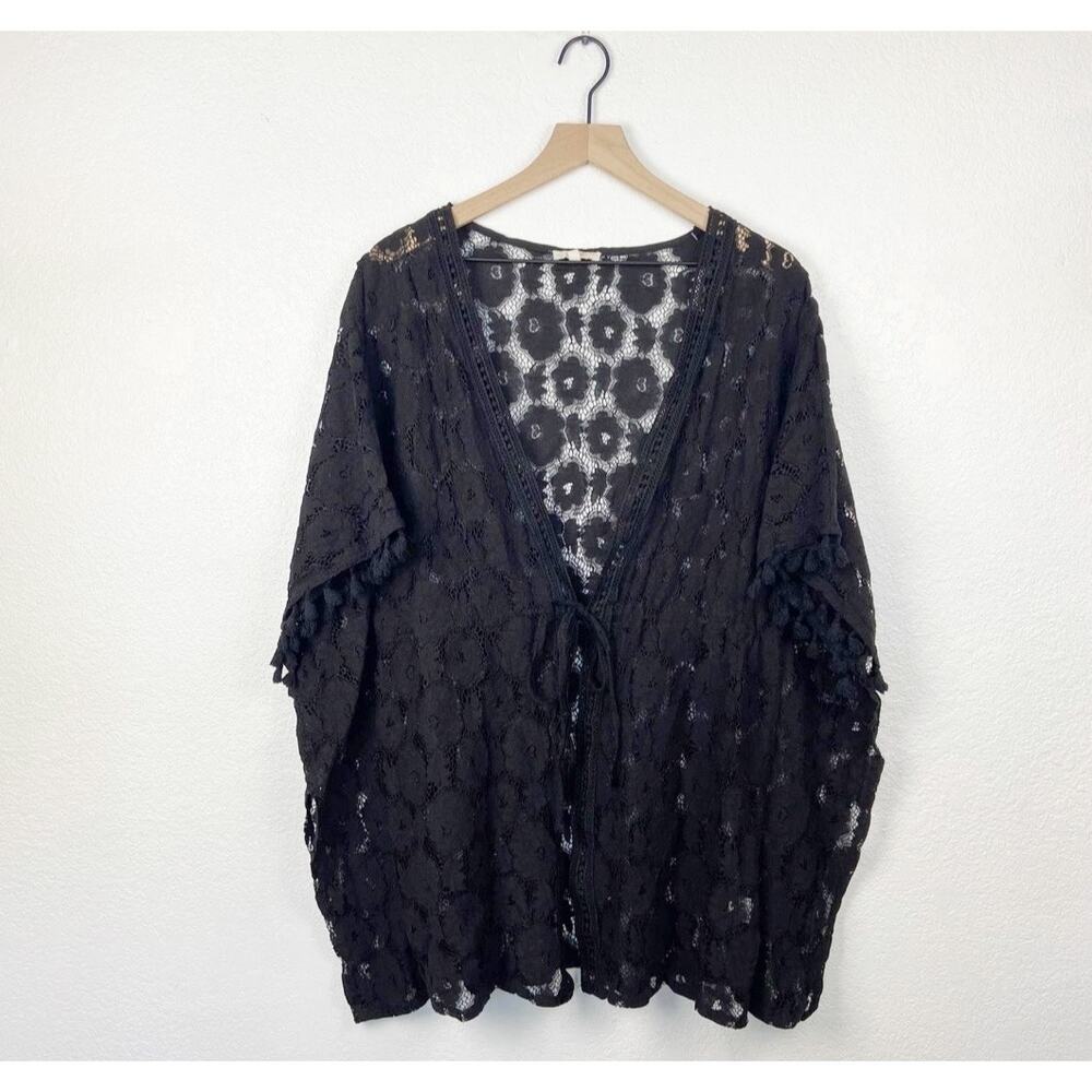 Peach black floral lace short sleeve tie front cover up call
